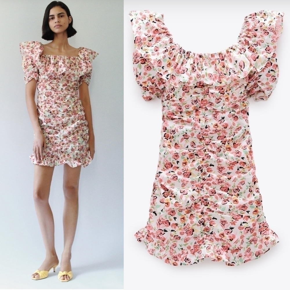 ZARA Floral Printed Draped Ruched Ruffled Mini Dress Size Medium NWT